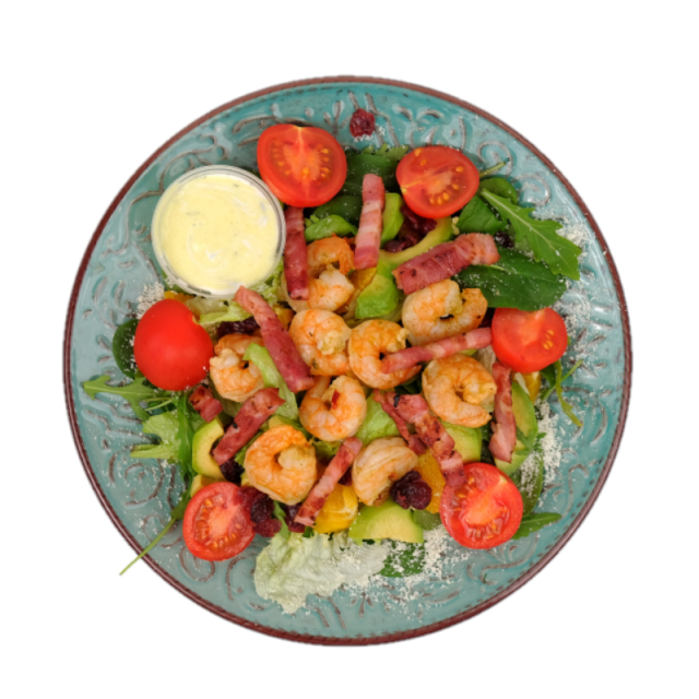 A. Salata mediteraneeana cu creveti, grana, portocale, merisoare si rosii cherry 350g