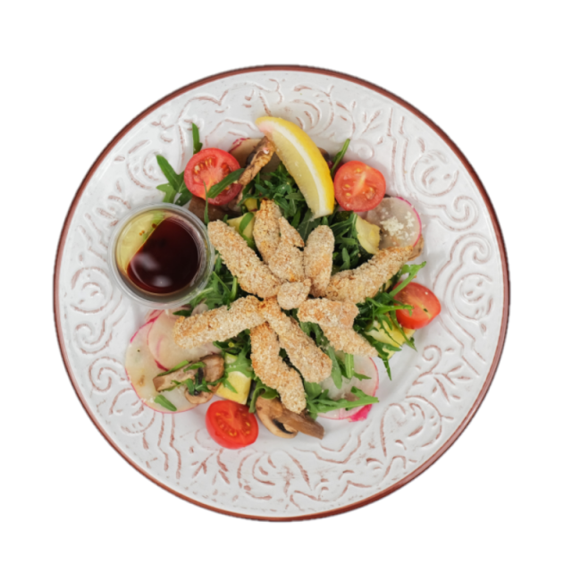 Soia in crusta de pesmet cu salata de rucola, ciuperci, zuchini, ridichi, rosii cherry si sos de otet balsamic 250g/350/500g