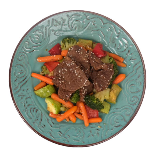 D. Steak de vita cu broccoli, baby morcovi, ardei si dovlecel in sos de unt cu susan 350g