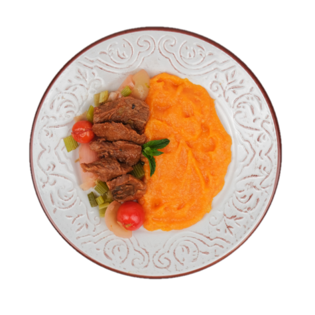 Steak de vita cu ciuperci si tarhon, si piure de morcovi cu rosii cherry, apio si ceapa la cuptor 250g