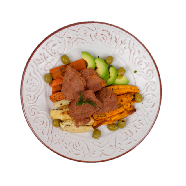 A. Steak de vita cu sos de piper verde si legume aromatizate la cuptor cu parmesan 350g