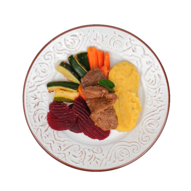 Steak de vita cu sos demiglace, piure de pastarnac, morcovi, zucchini si sfecla rosie 250g