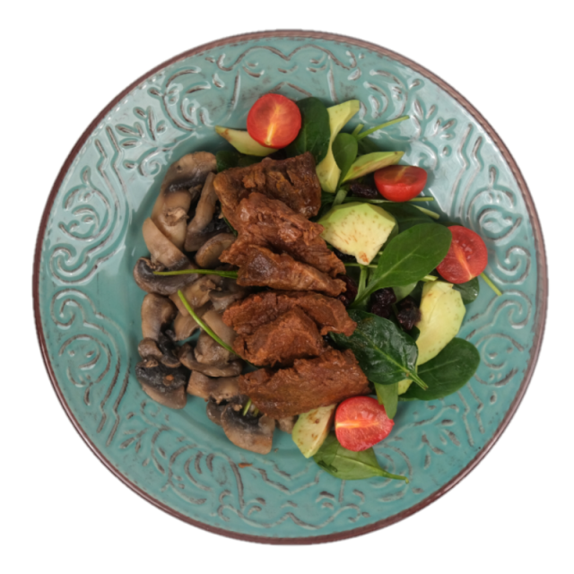 D. Steak de vita fasii cu sote de ciuperci si baby spanac cu avocado 350g