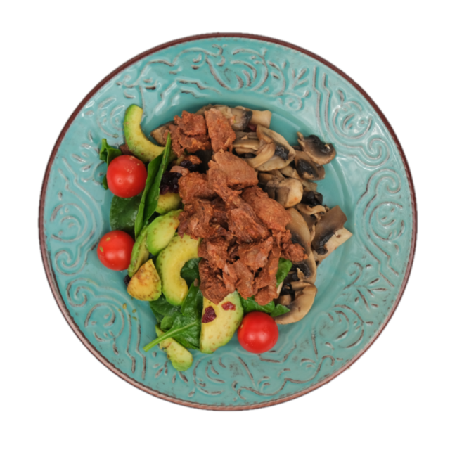 D. Steak de vita fasii cu sote de ciuperci si baby spanac cu avocado 350g
