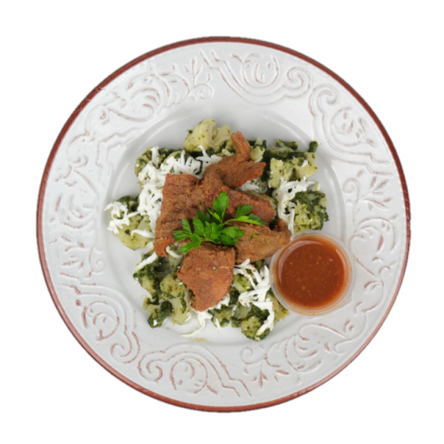 Steak de vita marinata cu sote de conopida, spanac si telemea 350g