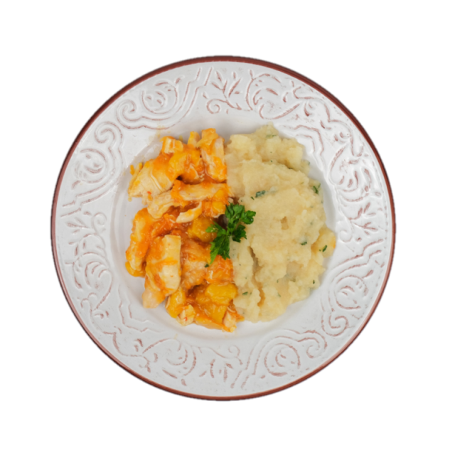 Thai mango chicken cu caju si cu piure de telina cu lime si menta 350g