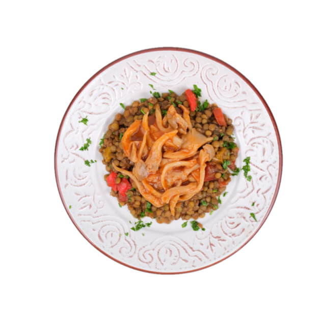 Tocanita de ciuperci pleurotus cu vinete, ardei, rosii, linte si busuioc 350g