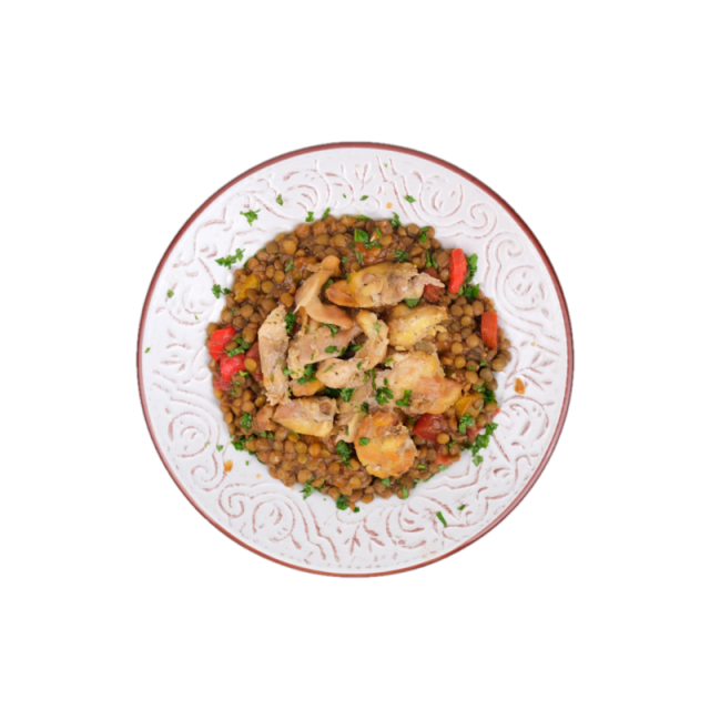 Tocanita de pui cu vinete, ardei, rosii, linte si busuioc 250g