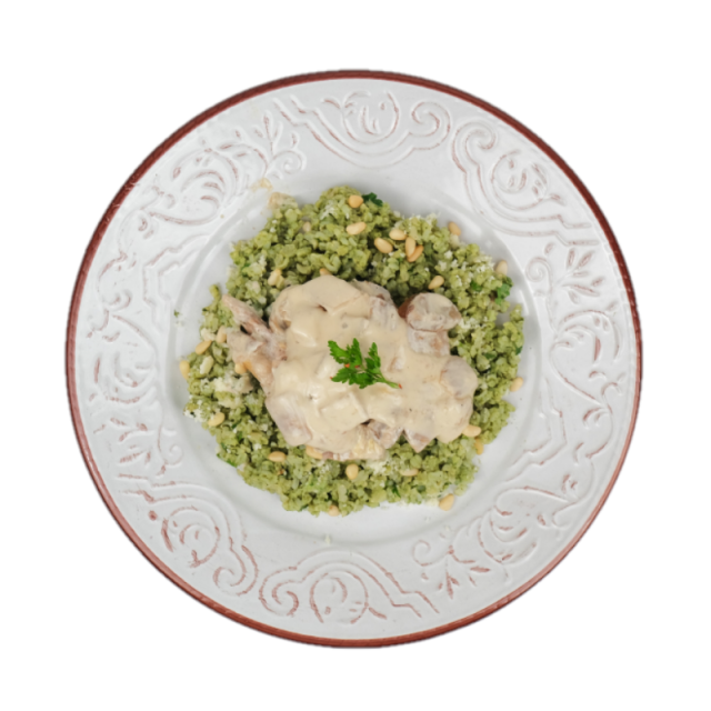 Tocanita de soia cu hribi si rissoto de orez brun, spanac, muguri de pin si verdeturi 250g/350g/500g
