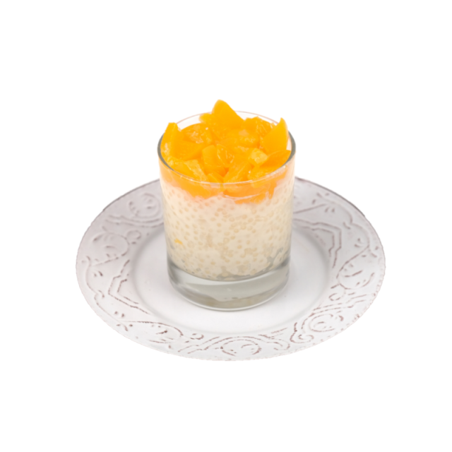 Budinca de tapioca din lapte de migdale cu cocos si piersici 150g