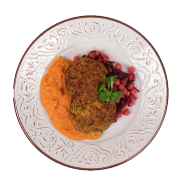Chiftelute de dovlecel cu piure de morcovi, telina si salata de sfecla rosie si naut 250g/350g/500g