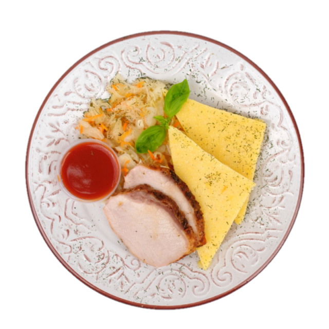 Cotlet de porc cu mamaliguta si varza calita 250g