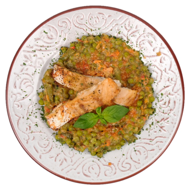 Tocăniță mediteraneeană de cod cu mazăre și fasole verde 250g/350g/500g