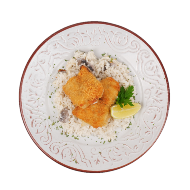 File de cod in crusta de pesmet si parmesan cu risotto de ciuperci 350g/500g