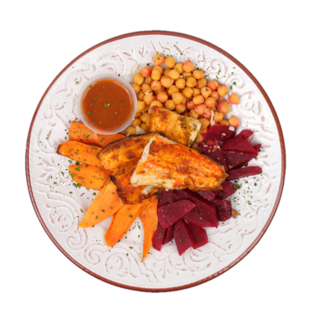 File de pastrav cu pesto rosso, cartofi dulci, boabe de naut si sfecla rosie 250g/350g/500g