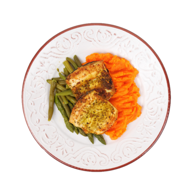 Pulpe de pui dezosate cu sos pesto cu piure de morcovi si fasole verde 250g