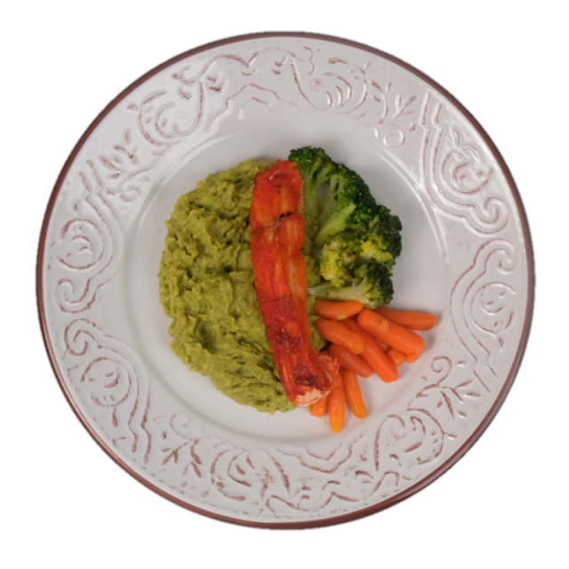 B. File de salau cu piure de broccoli si morcovi baby cu salata de valeriana 350g
