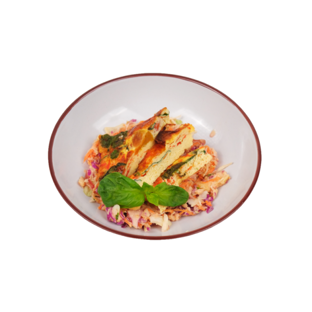 fritata cu ardei, rosii cherry, baby spanac si salata coleslaw 200g