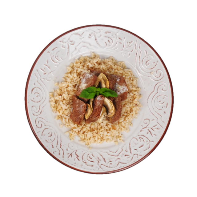 Muschi de vita cu sos de pitonci si orez brun 350g/500g
