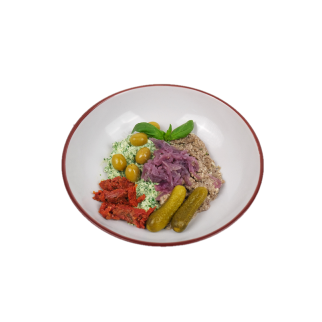 pate de ciuperci cu caju, crema de tofu cu spanac, ceapa rosie caramelizata si rosii uscate 200g