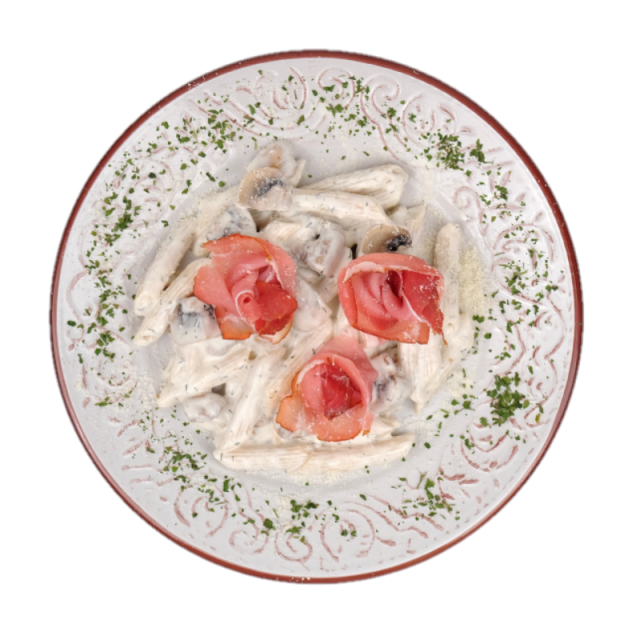 A. Penne integrale cu ciuperci de padure si prosciutto 350g