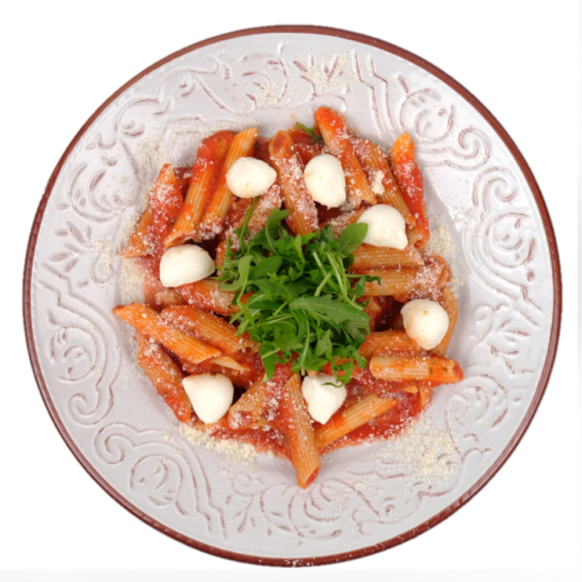 A. Penne integrale cu sos de rosii, busuioc, rucola si mozzarella proaspata 350g