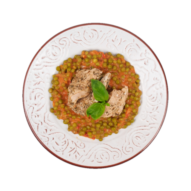 Piept de curcan cu mancare de fasole verde, ardei, morcovi si ceapa 350g