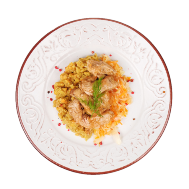 Piept de curcan cu sote de linte rosie si salata de varza calita 350g
