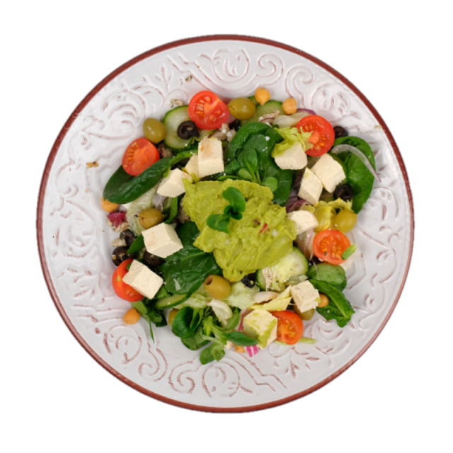 Salata cu tofu, naut, guacamole, rosii, ceapa, castraveti si masline 250g/350g/500g