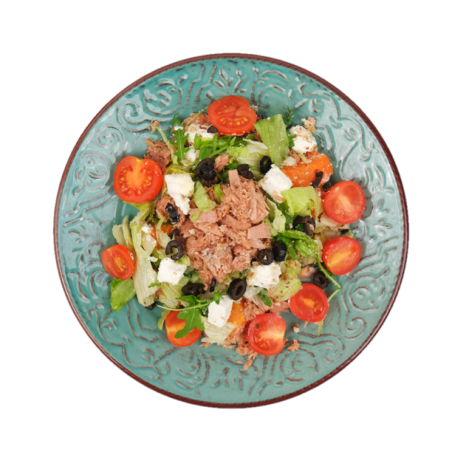 Salata cu ton, cartofi dulci, branza feta, rosii cherry, grana, nuci macinate, masline, rucola si ulei de masline 250g/350g/500g