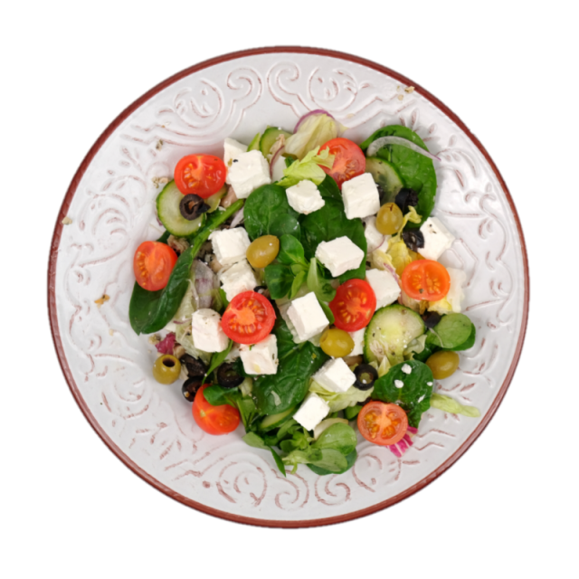 Salata greceasca cu piept de pui, branza telemea, rosii, ceapa, castraveti si masline 350g/500g
