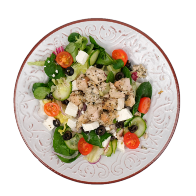 Salata greceasca cu piept de pui, branza telemea, rosii, ceapa, castraveti si masline 350g
