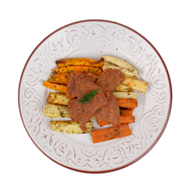 Steak de vita cu sos de piper verde si legume aromatizate la cuptor cu parmesan 350g