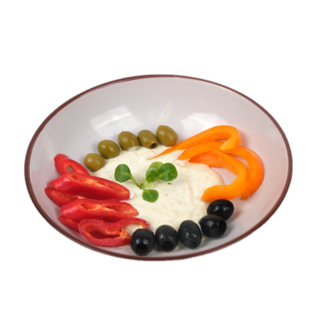 Tartina din paine integrala cu crema de branza, iaurt, pesto, fasii de ardei si masline 200g/300g/400g