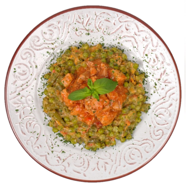 Tocăniță mediteraneeană de porc cu mazăre și fasole verde 250g