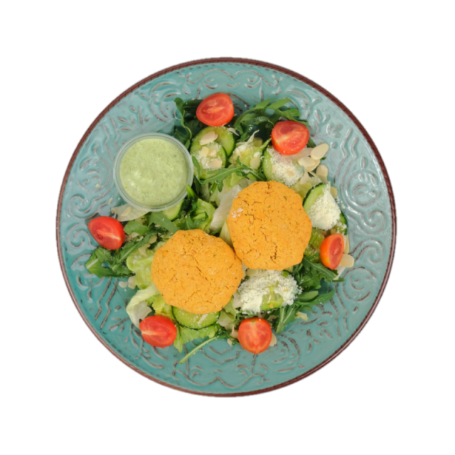 Salata cu chiftelute de naut, rucola, apio, rodie, fulgi de migdale, cascaval afumat, parmesan si sos de ceapa verde si masline 250g/350g/500g