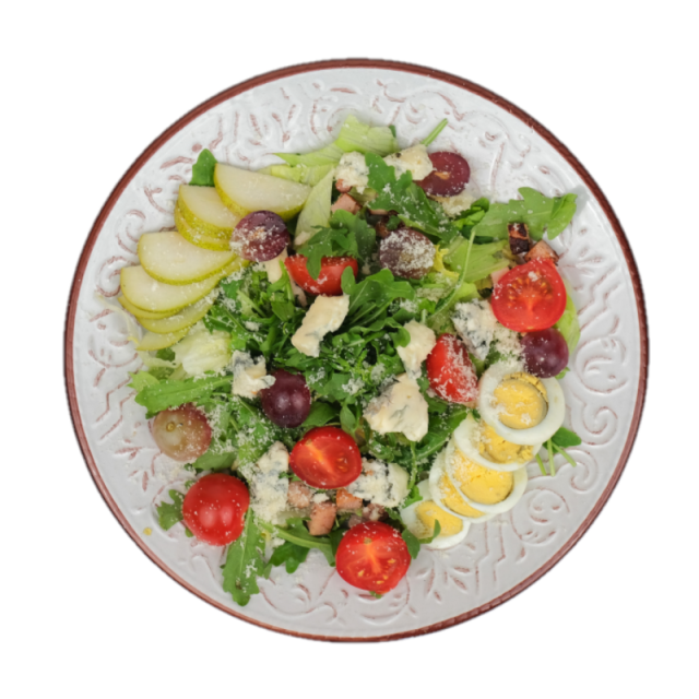 Salata cu gorgonzola, grana, ou fiert, rosii cherry, castraveti, masline, para, boabe de strugure si sos de iaurt 250g/350g/500g