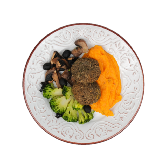 Chiftelute de ciuperci cu piure de cartofi dulci, ciuperci, broccoli, masline si sos de vin rosu cu rodie 250g/350g/500g