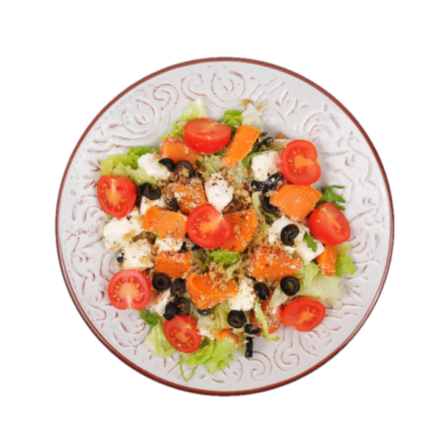 Salata cu cartofi dulci, branza feta, rosii cherry, grana, nuci macinate, masline si rucola, ulei de masline250g/350g/500g