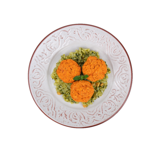 Chiftelute vegane in sos de rosii cu curry de orez cu naut si spanac 250g/350g/500g