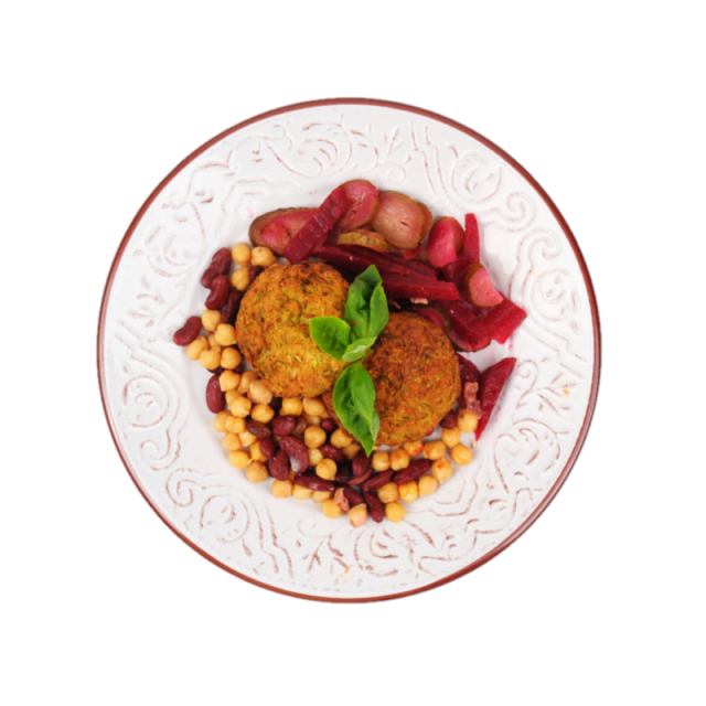 Chiftelute de dovlecel cu fasole rosie, naut si salata de sfecla rosie si castraveti murati 250g/350g/500g