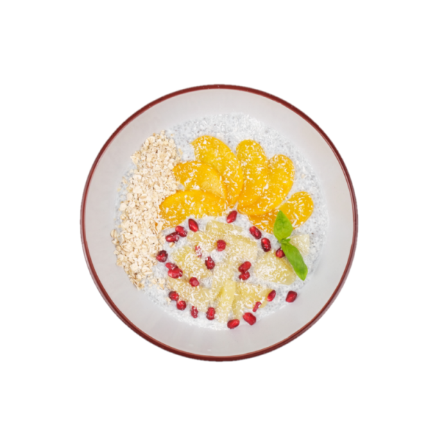 Iaurt cu fulgi de ovaz, seminte de chia, piersici, ananas, nuca de cocos si rodie 200g/300g/400g