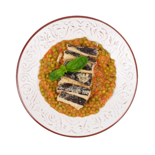 Vinete in crusta de pesmet cu mancare de mazare, ardei, morcovi si ceapa 350g